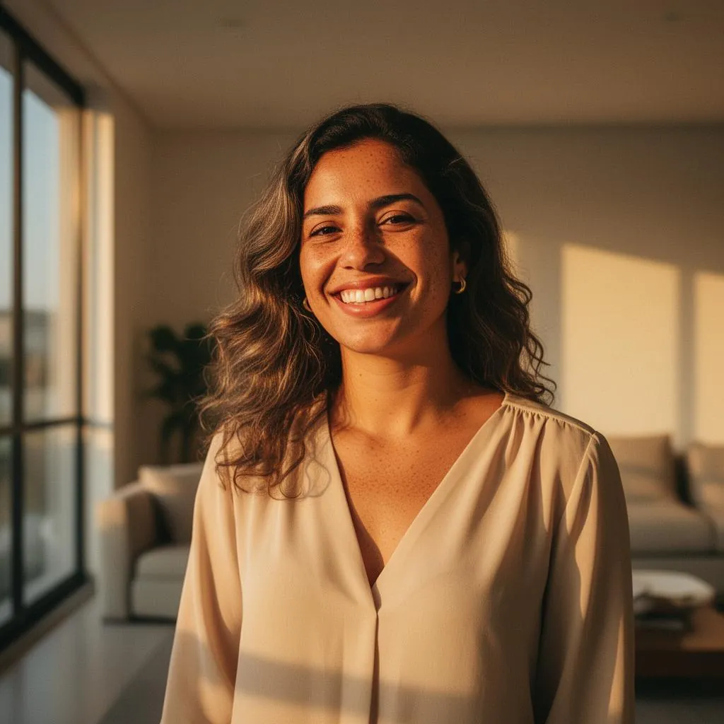 Mulher exibindo sorriso branco e harmônico após lentes de contato dental